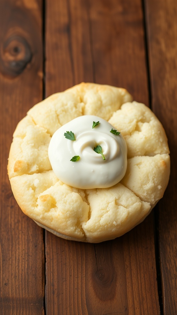 Fluffy cloud bread topped with yogurt on a wooden table.